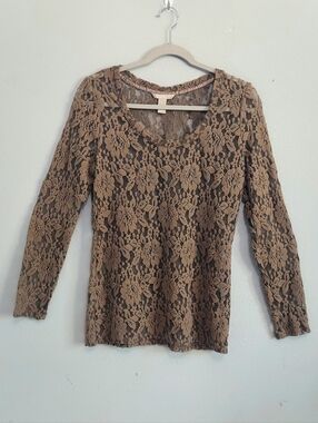 Banana Republic Brown Floral Lace Long Sleeve Top Large